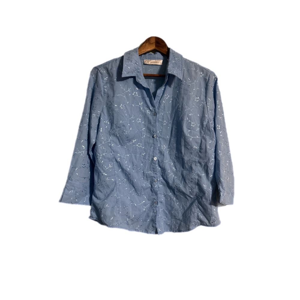 Dressbarn Button Down Blouse Womens M Blue Excellent Embroidered Crinkle 3/4 Slv
